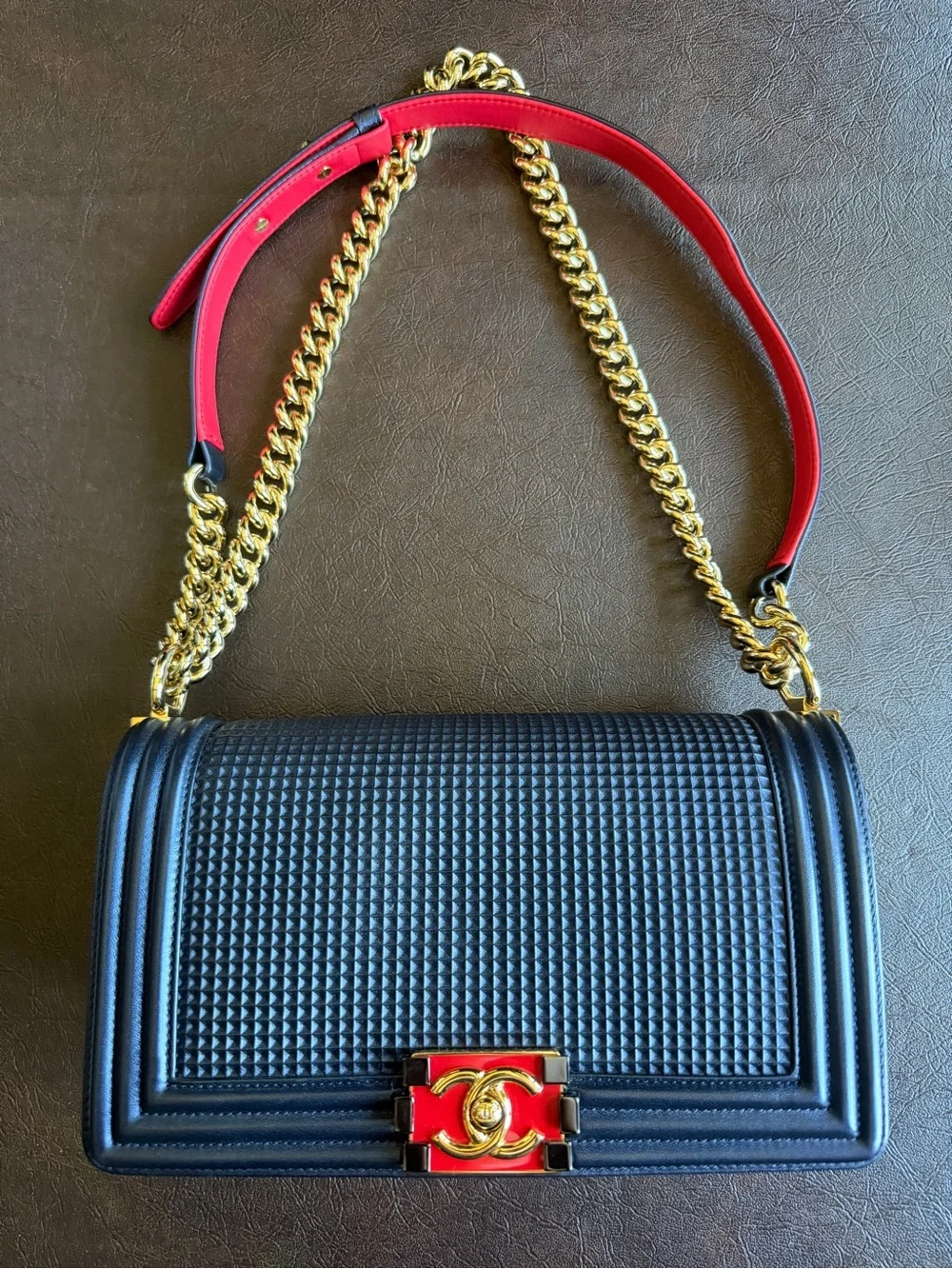 CHANEL Metallic Cube Embossed Lambskin Boy Flap Bag